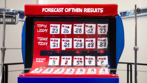 A lottery drawing machine with numbers swirling around it, with a red banner above it that says Forecast of Today's Northern Lottery Results